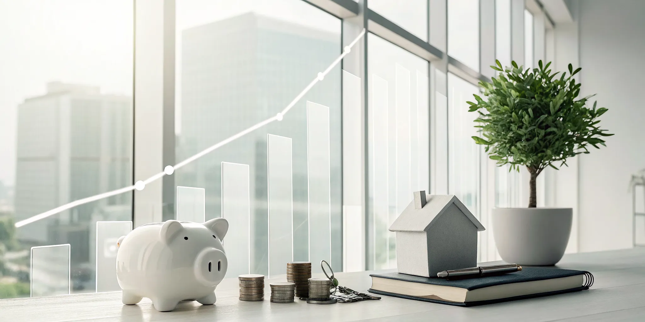 Assets like coins and a house model with a rising chart tracking net worth by age.