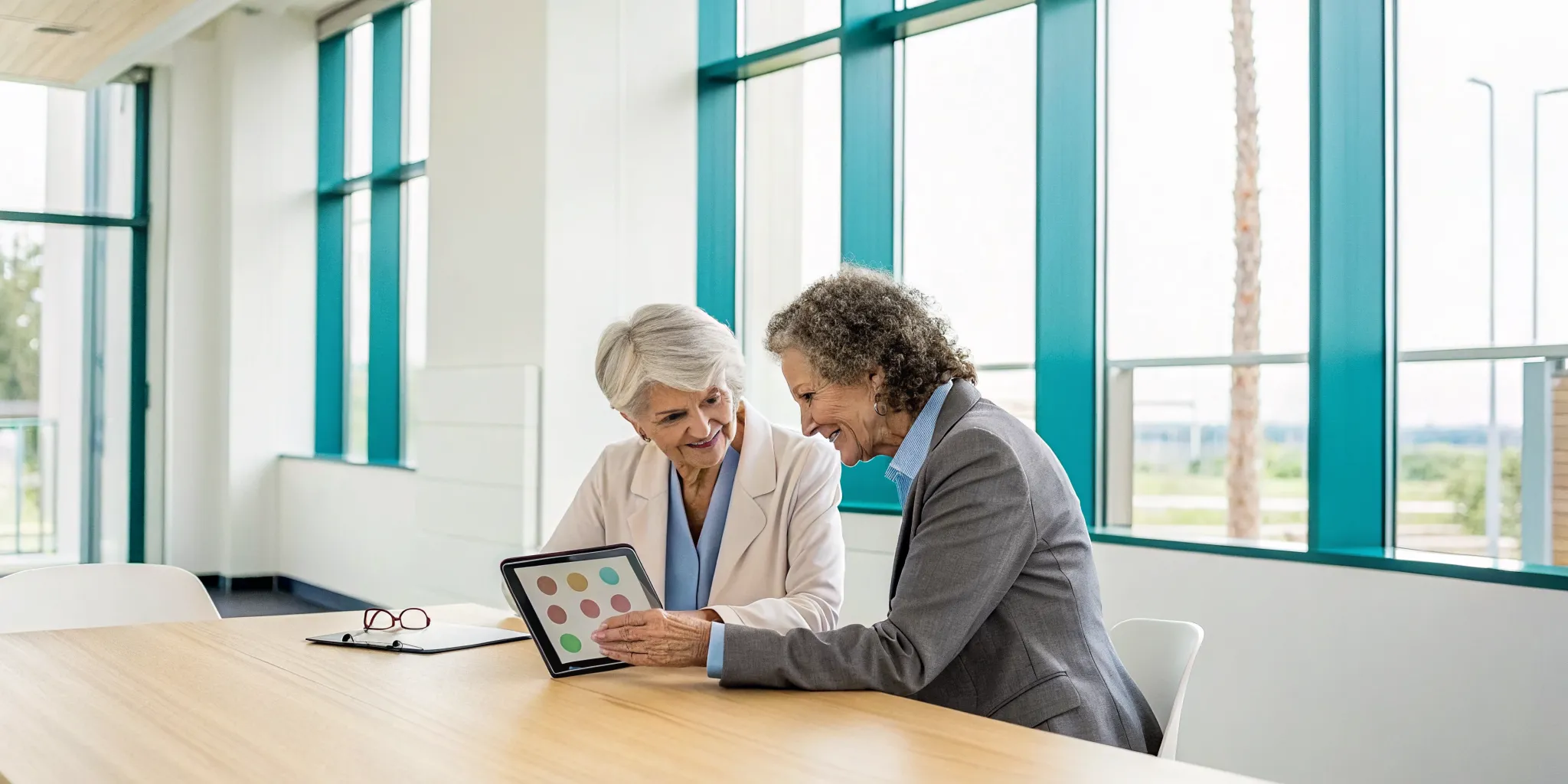 Two senior women comparing SCAN health plan options on a tablet.
