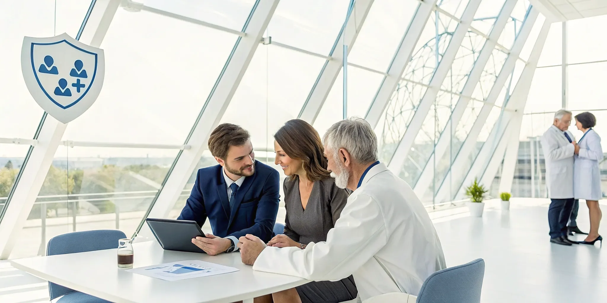 A doctor reviews Tufts Health Plan coverage options with a couple.
