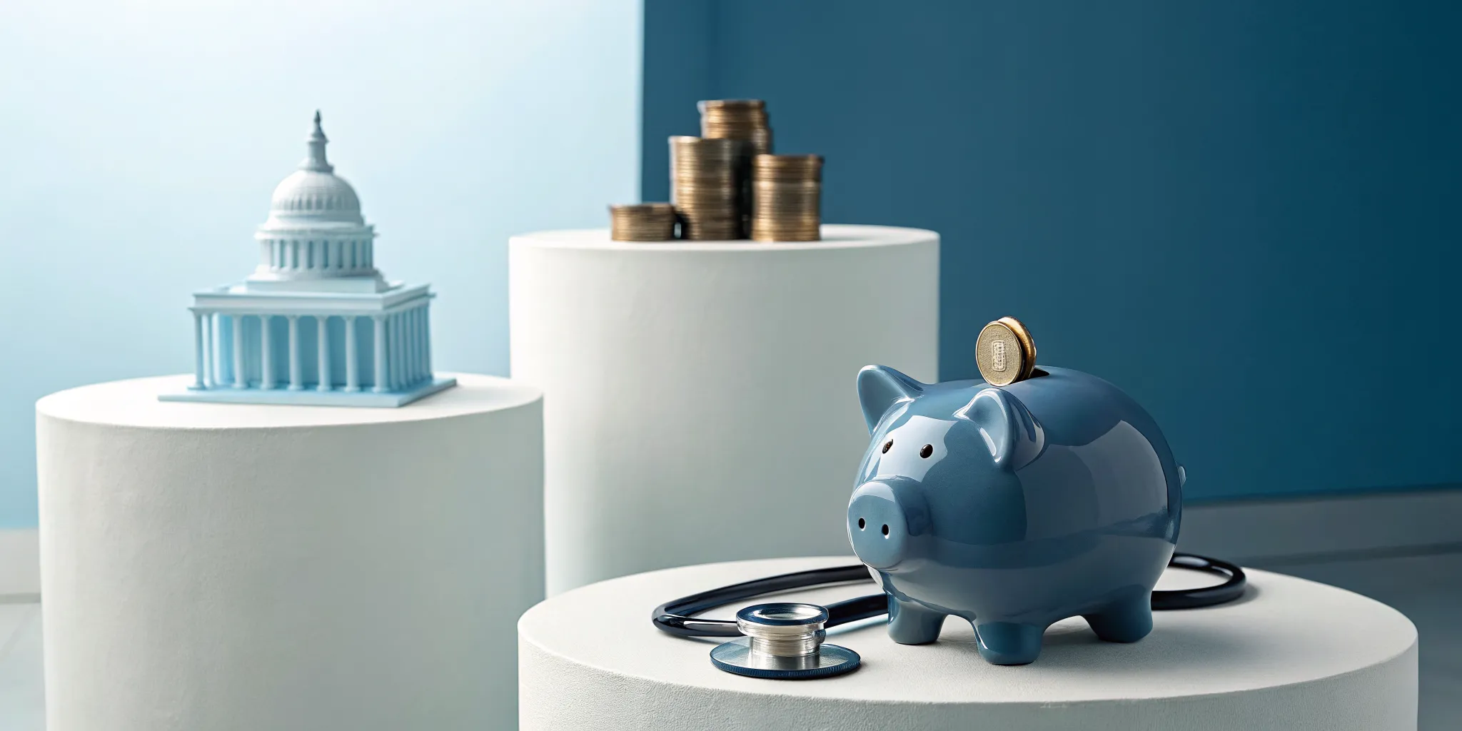 A piggy bank, stethoscope, and coins next to the US Capitol building for planning US retirement age.