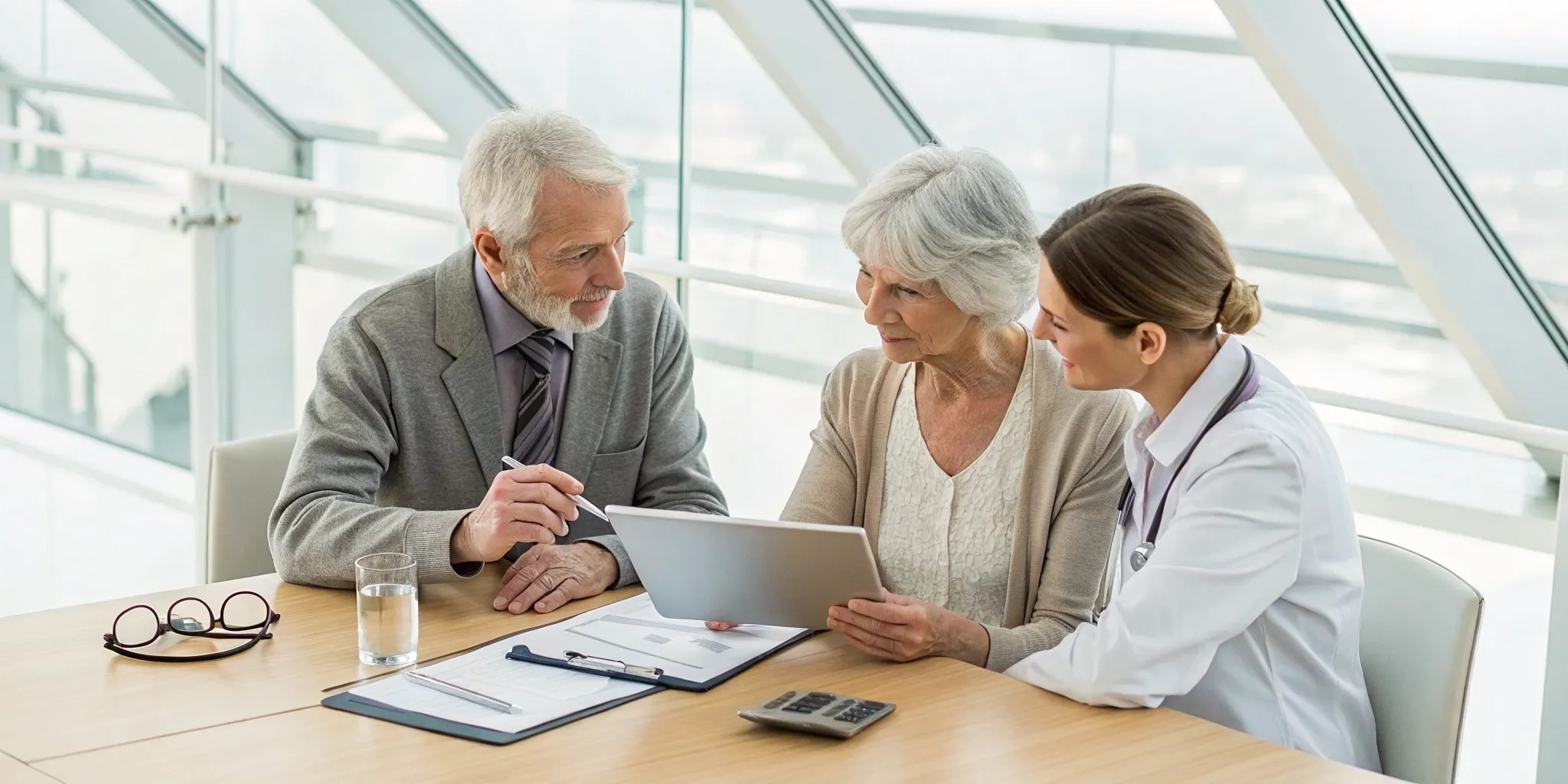 Senior couple discussing Medicare Part G and Medigap plan options with an advisor.