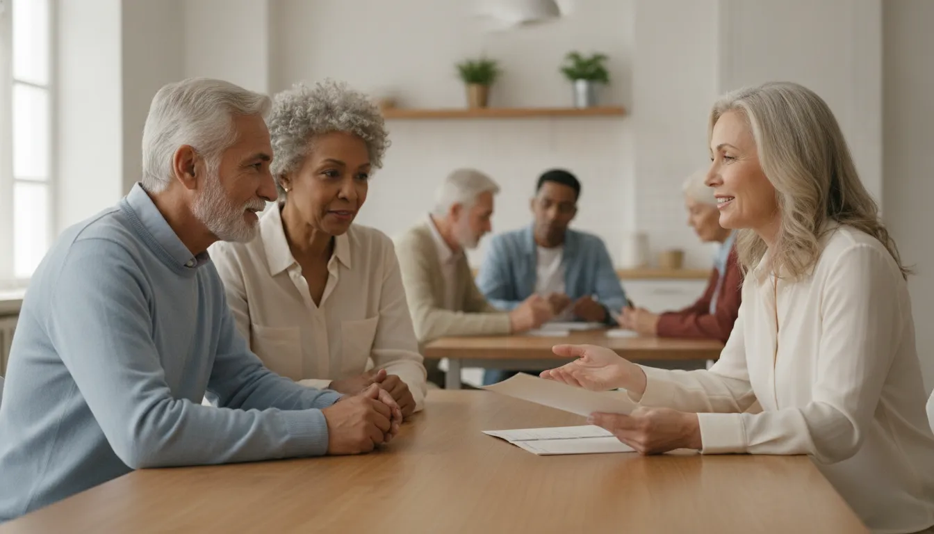 Older couple reviewing Medicare and Medicaid coverage with an insurance advisor