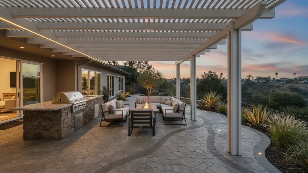 Alumawood patio cover design coordinating pavers, an outdoor kitchen, and evening lighting