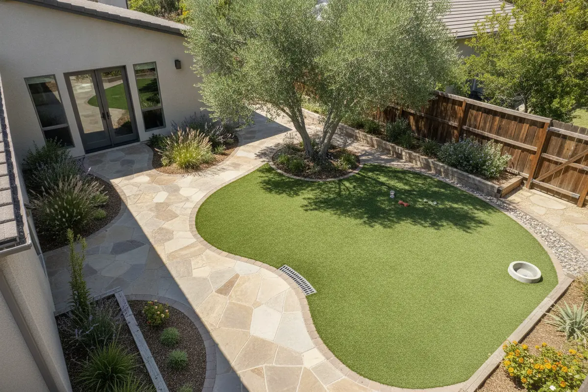 Backyard plan showing a dog play area, paved path and planting beds