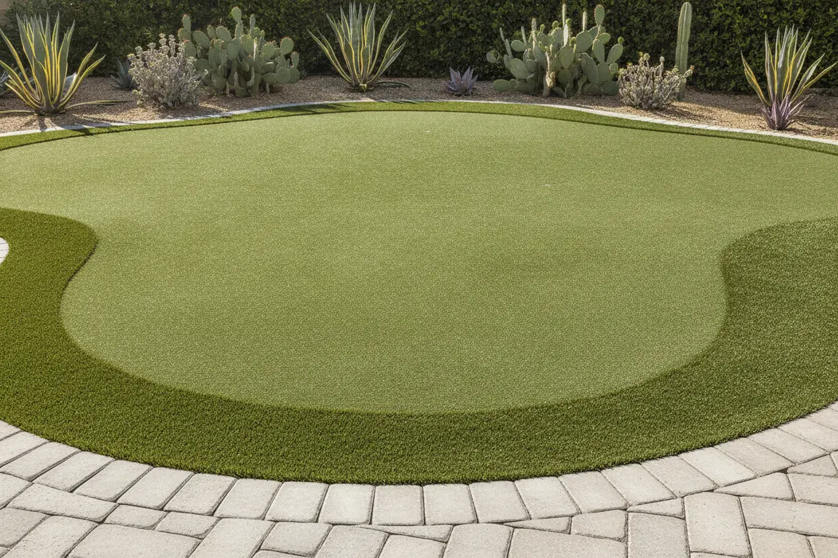 Backyard putting green layout with artificial turf, a gentle contour, and a clean paver edge