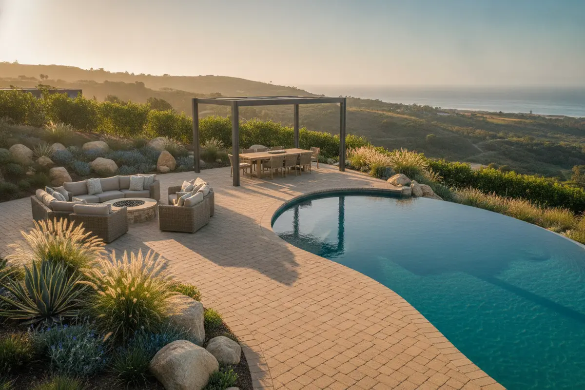 Connected patio, pool, dining, and lounge zones in a coastal backyard