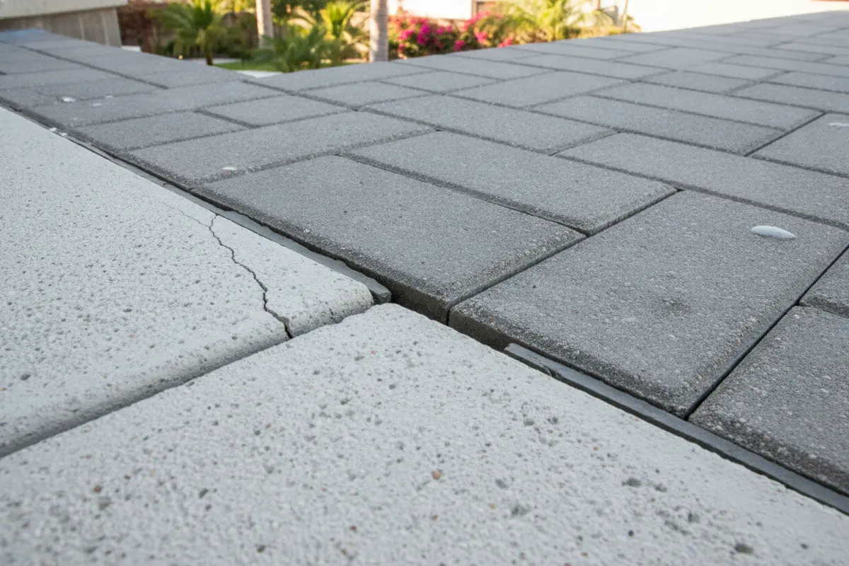 Cracked and uneven coping pieces where a pool edge meets a paver deck