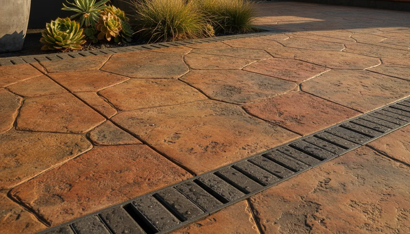 Decorative concrete patio texture and paver transition in an Orange County backyard