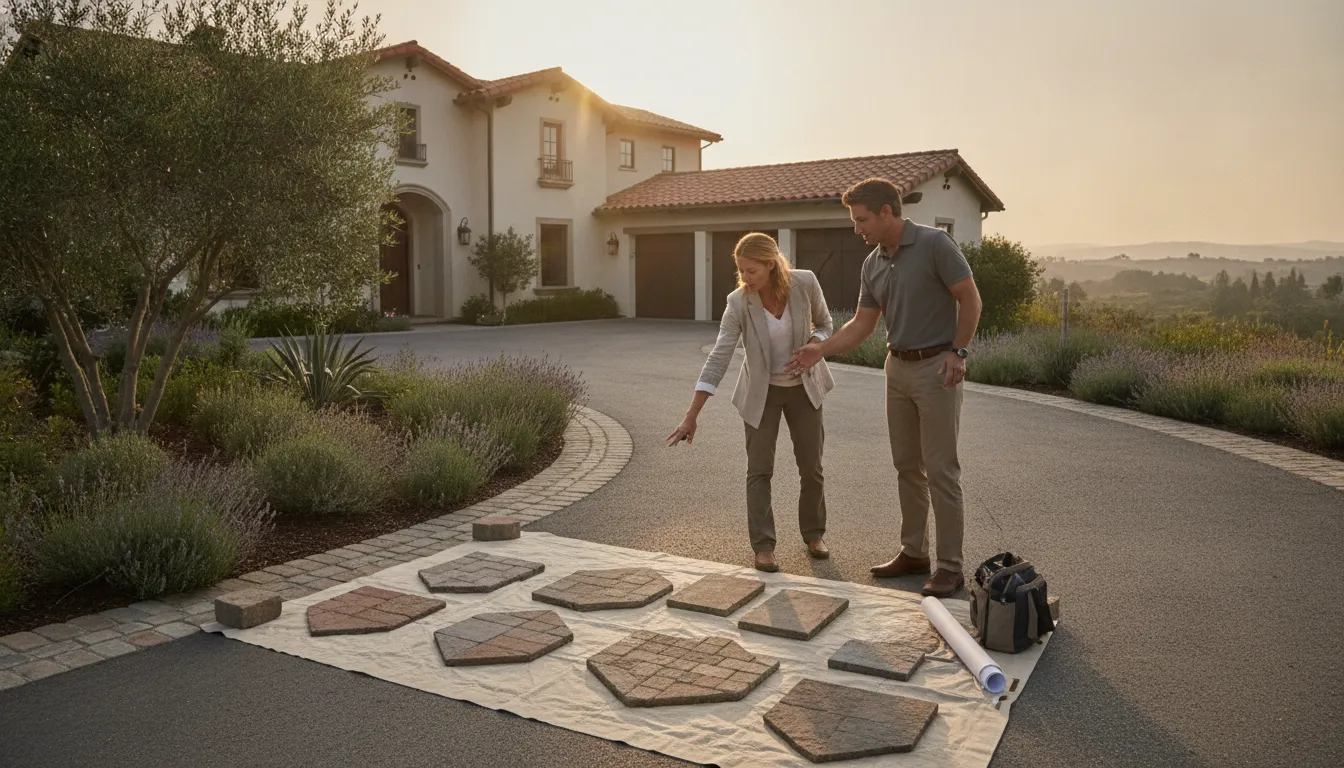 Homeowner reviewing paver samples for a coordinated driveway design