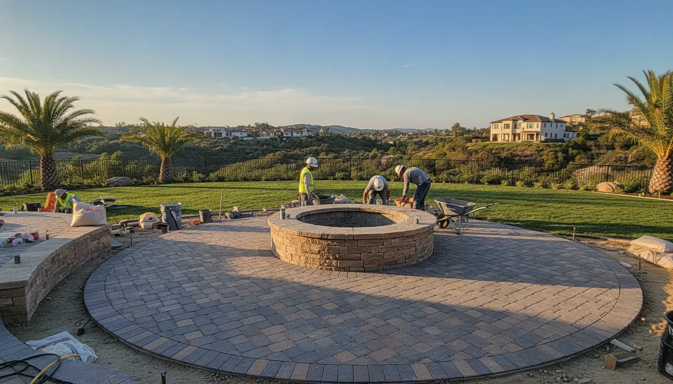Custom masonry fire pit installation integrated with a paver patio