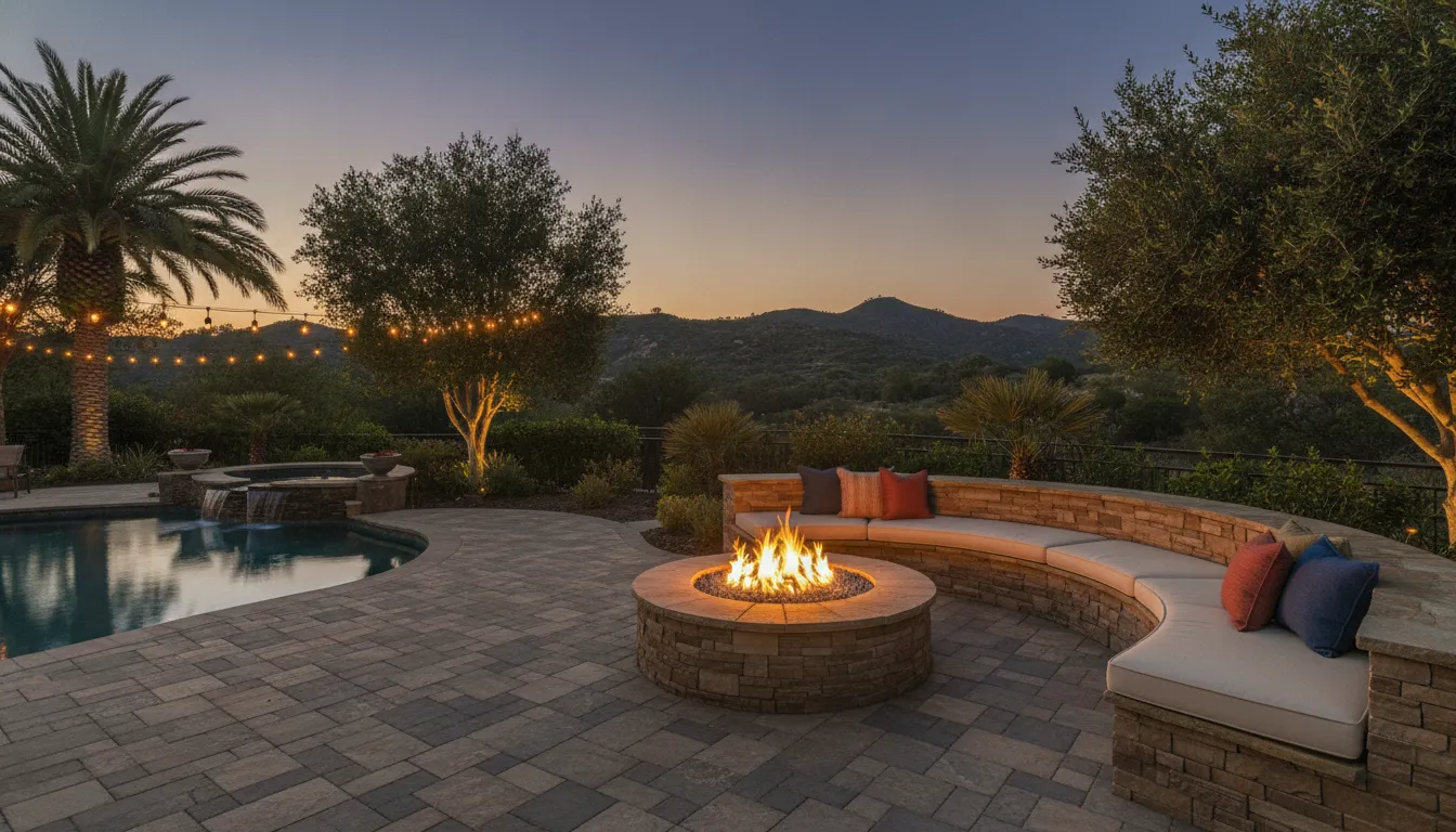 Built-in fire pit seating layout on an Orange County paver patio