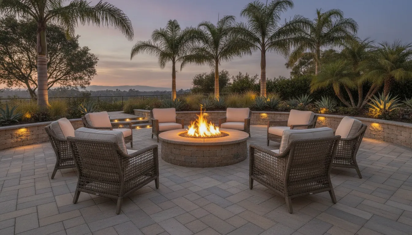 Custom fire pit with circular seating on an Orange County paver patio