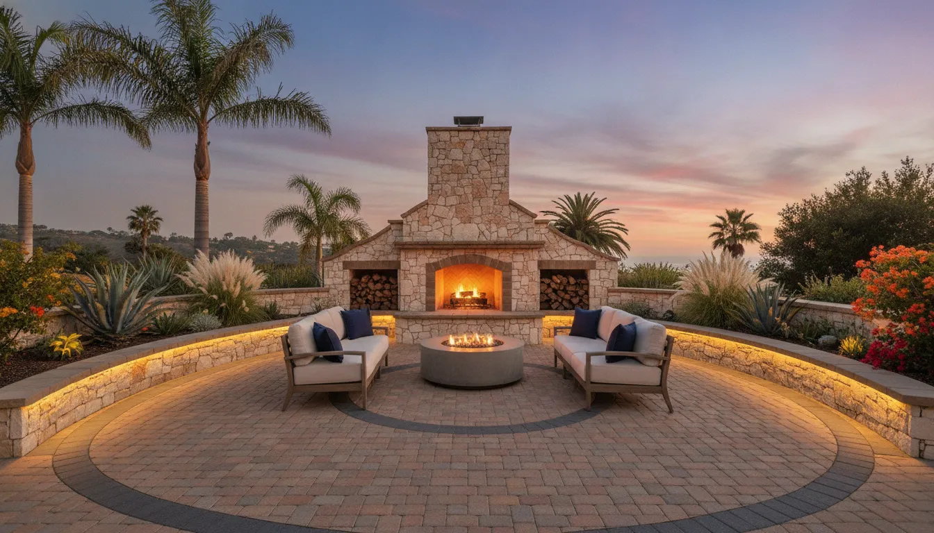 Custom masonry outdoor fireplace anchoring an Orange County paver patio