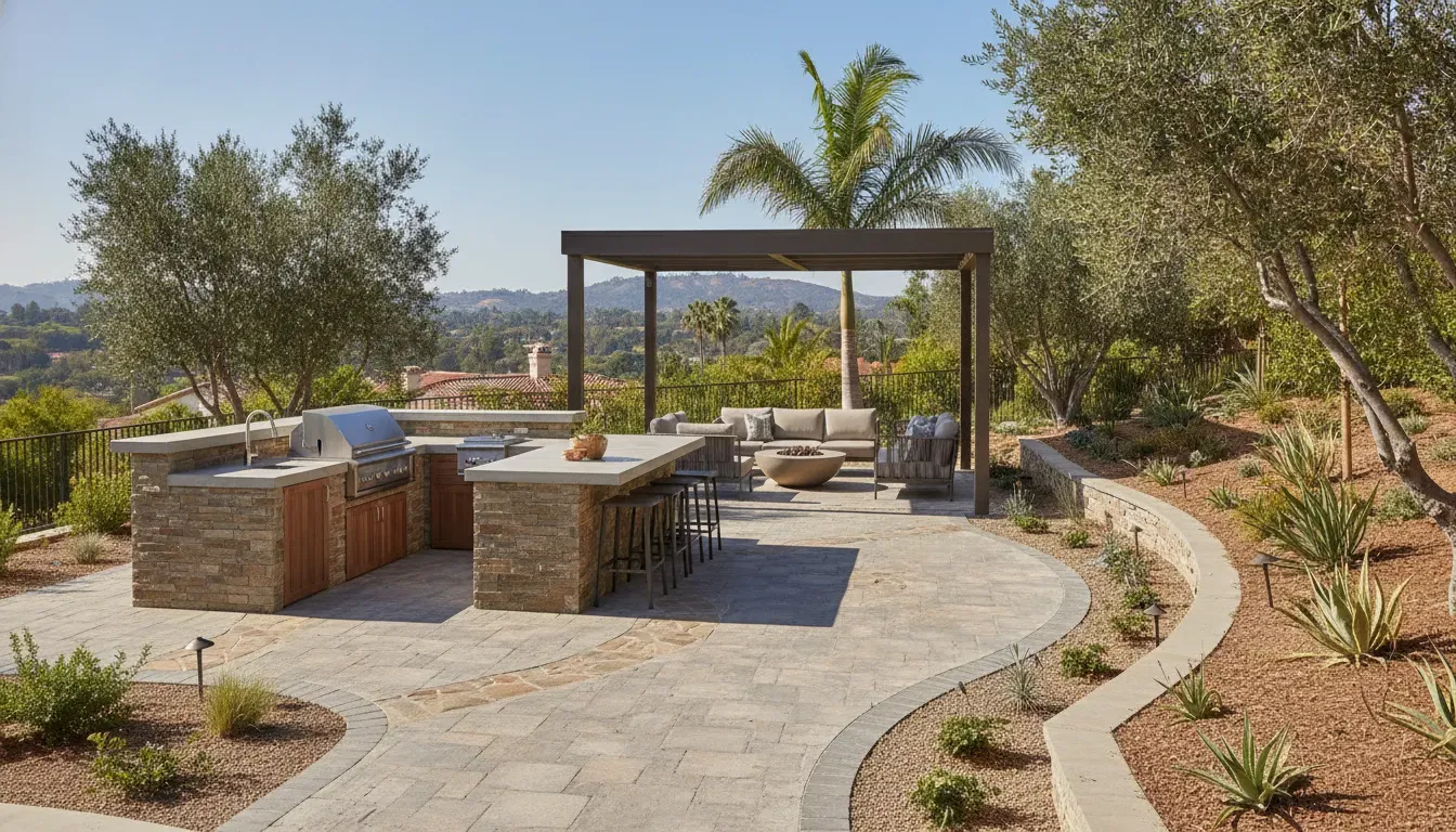 Backyard hardscape design ideas showing a curved path between an outdoor kitchen and seating zone