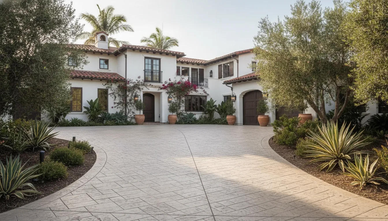 Stamped concrete driveway in a warm gray stone pattern at an Orange County home
