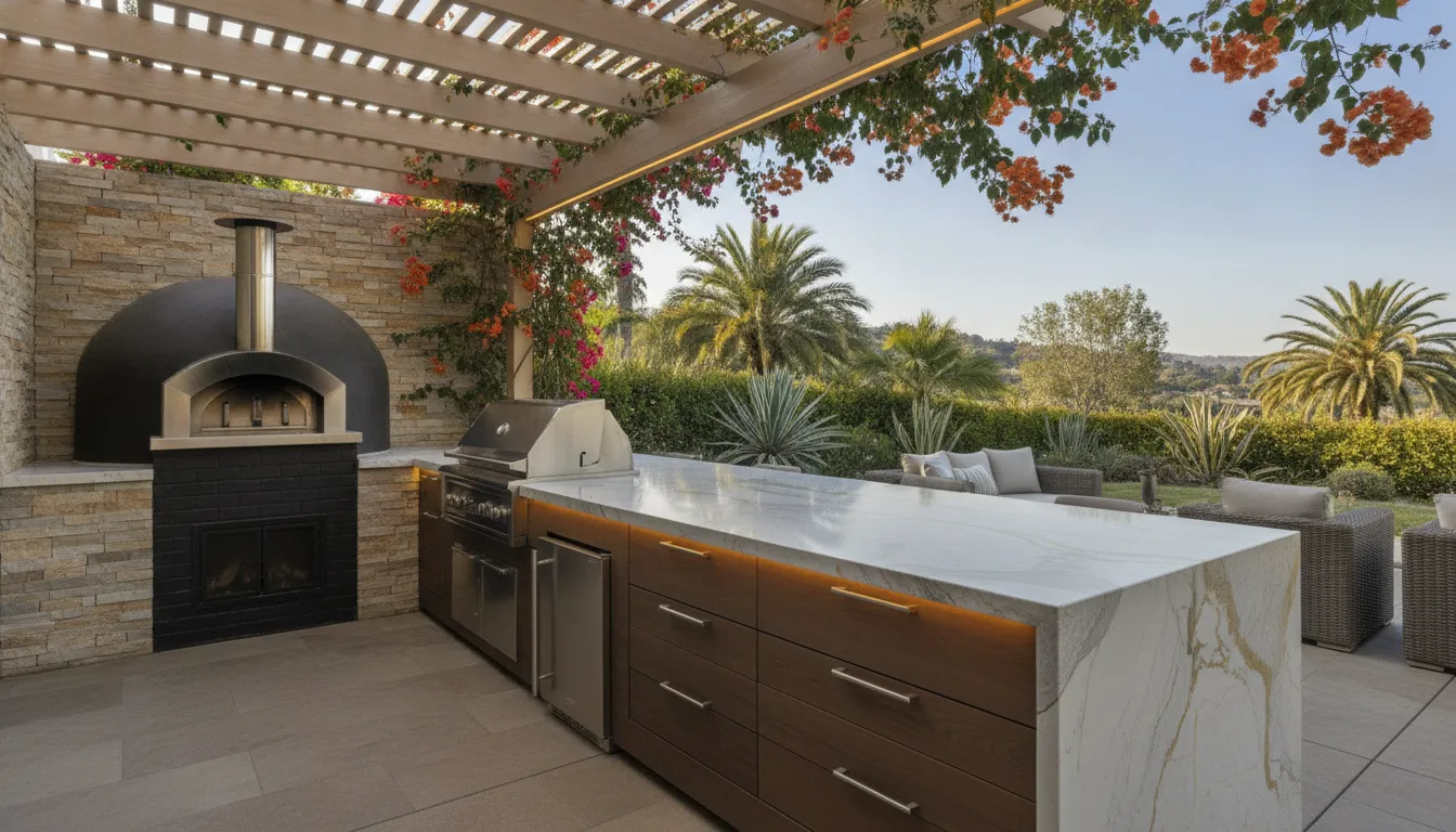 Modern outdoor kitchen with built-in pizza oven, quartzite countertops, and pergola in Orange County