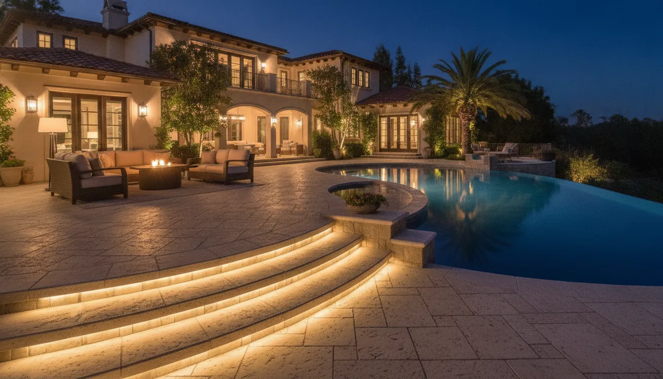 Illuminated paver pool deck with LED step lights and perimeter lighting at dusk in Orange County