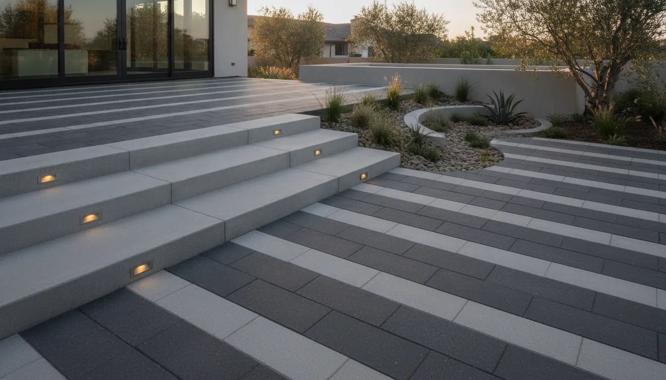 Modern hardscape seating area with layered evening landscape lighting