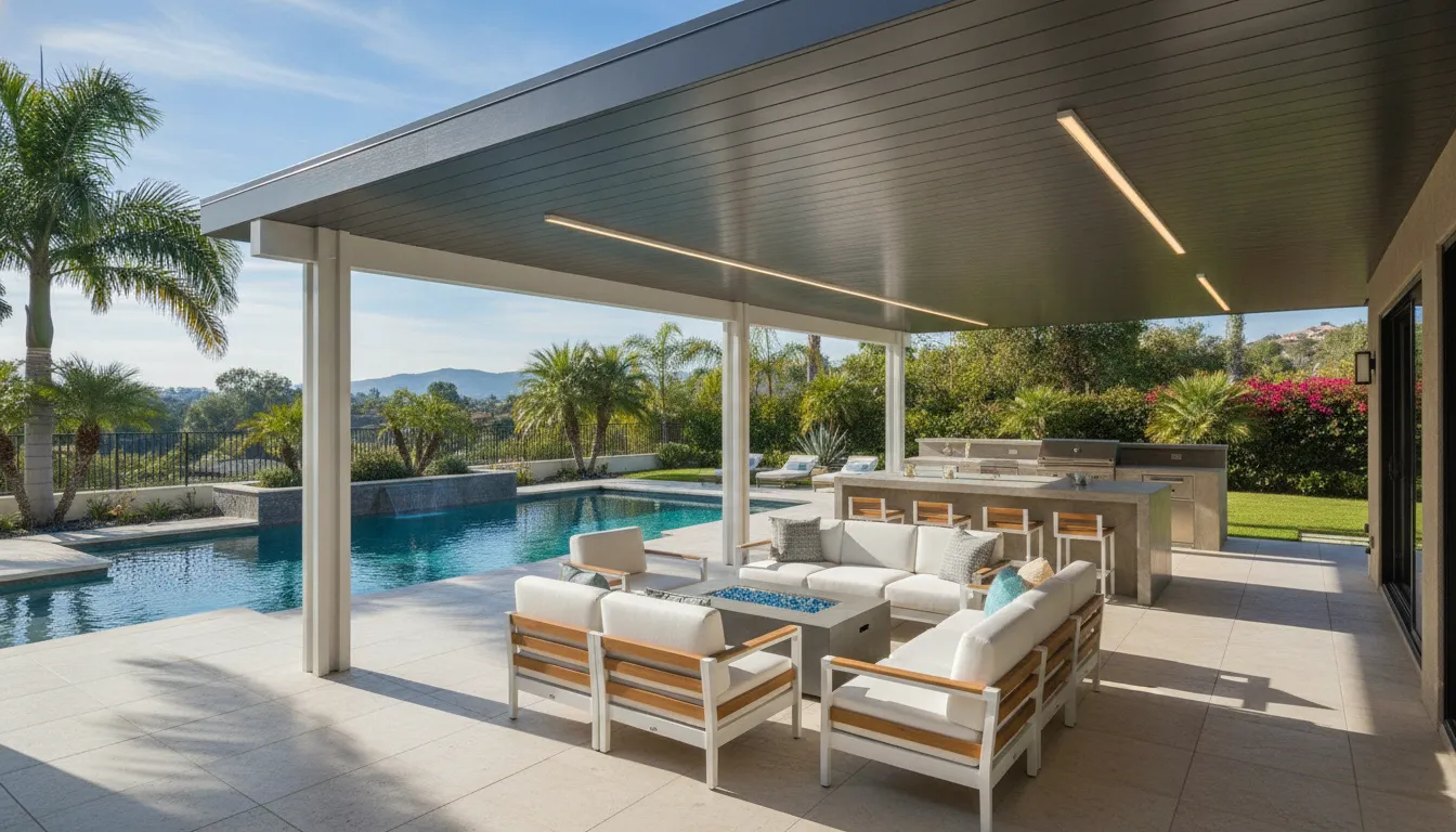 A modern solid insulated Alumawood patio cover with integrated LED lighting installed in Orange County