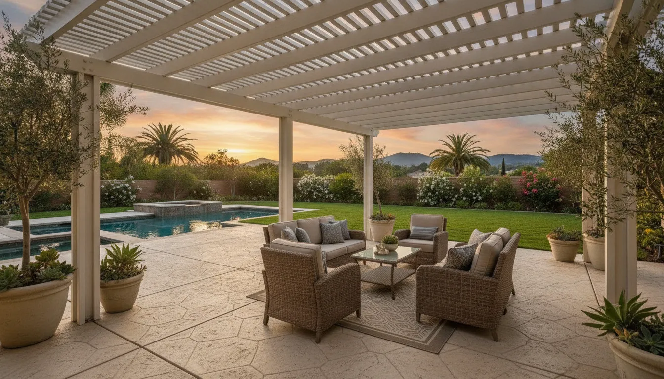 An elegant Alumawood lattice patio cover over a paved backyard patio in Orange County