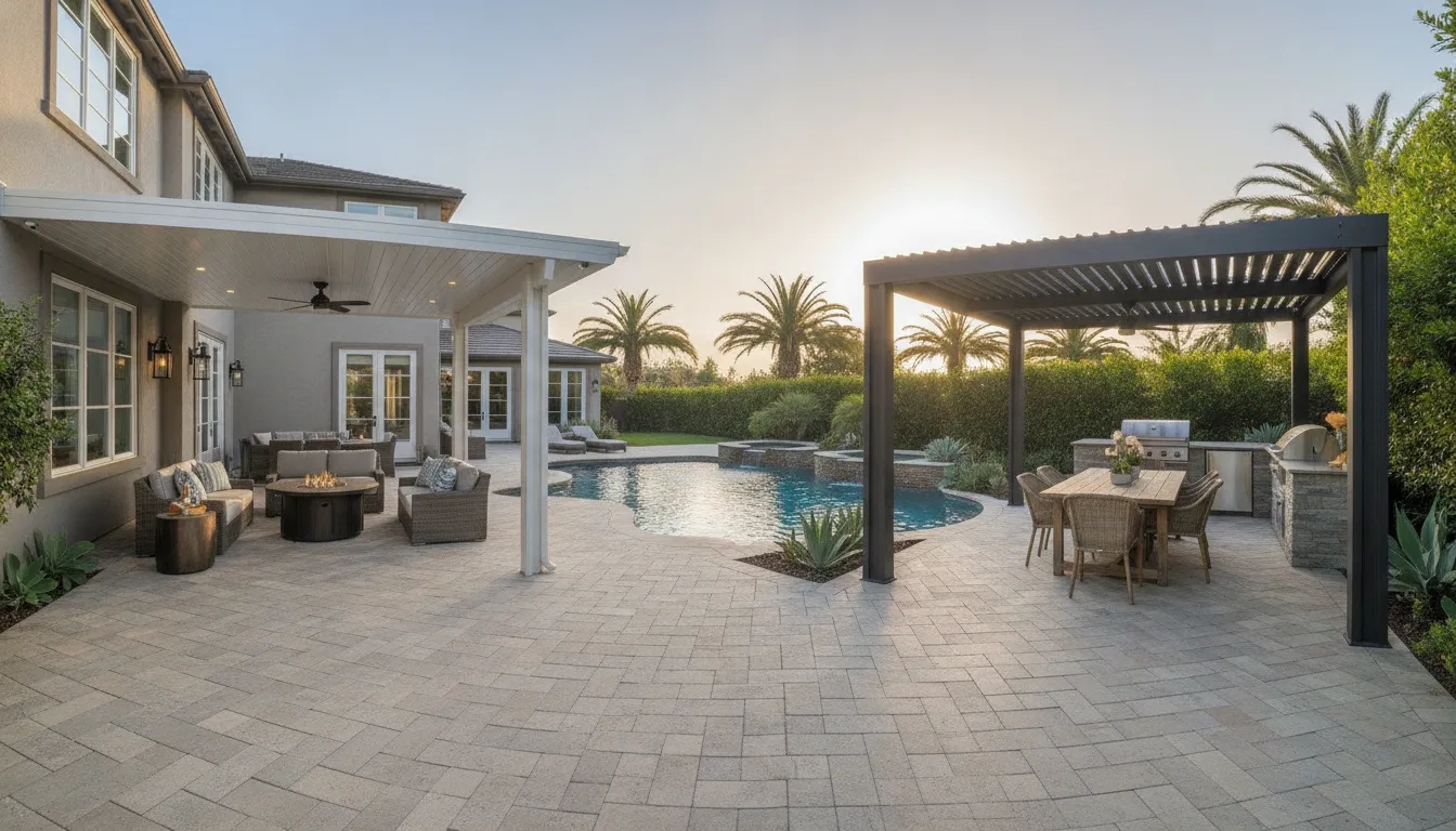 Alumawood patio cover beside a louvered pergola on an Orange County paver patio