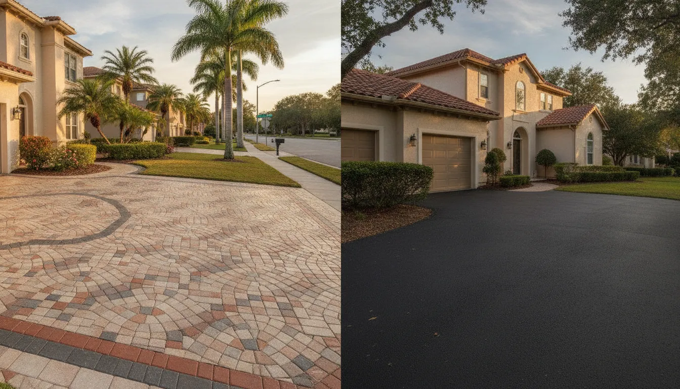 Side-by-side comparison of a decorative paver driveway and a standard asphalt driveway in an Orange County residential setting