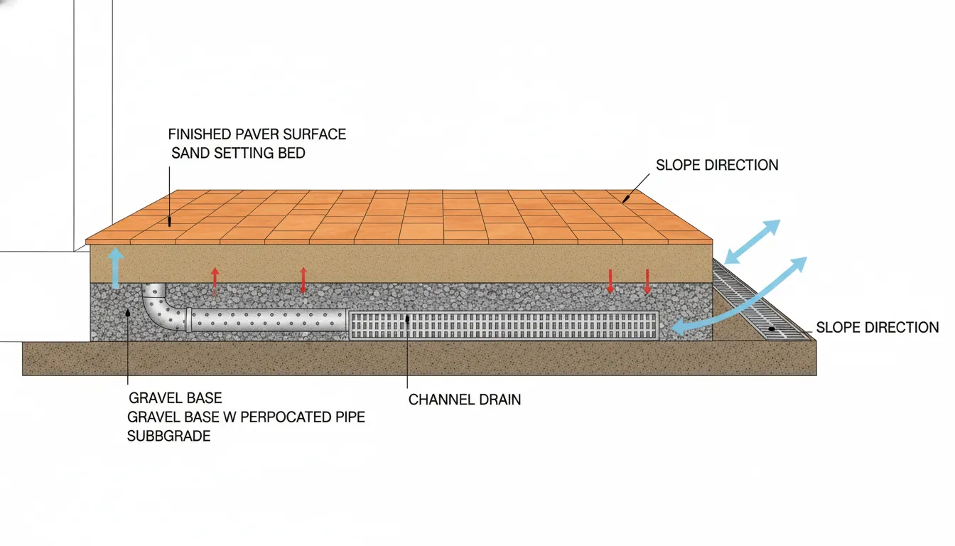 Patio drainage diagram showing slope, channel drain, and paver base layers