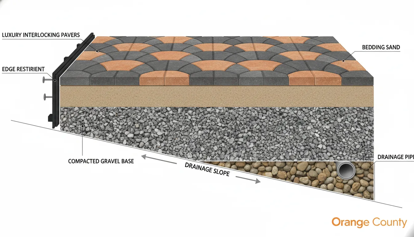 Cross section of a paver driveway base showing how long paver driveways last