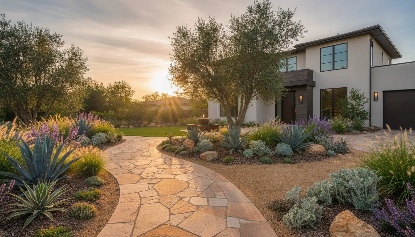 Luxury Orange County front yard transformation with permeable pavers and drought-tolerant landscaping