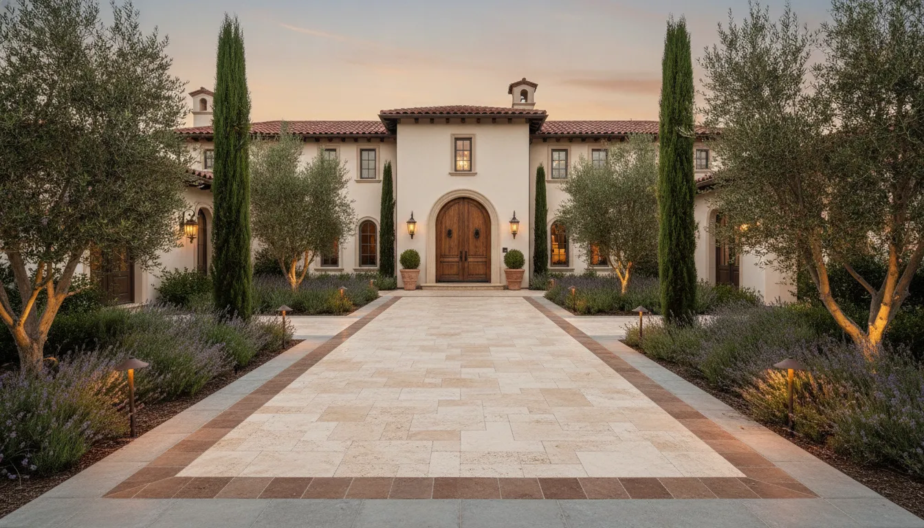 Estate-style travertine front entry paver walkway with french pattern and double border at an Orange County home