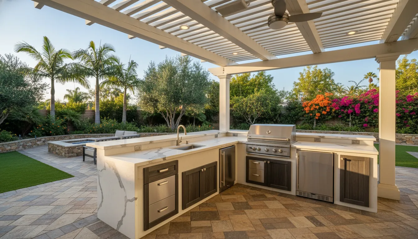 Finished premium outdoor kitchen with paver patio and cover in Orange County