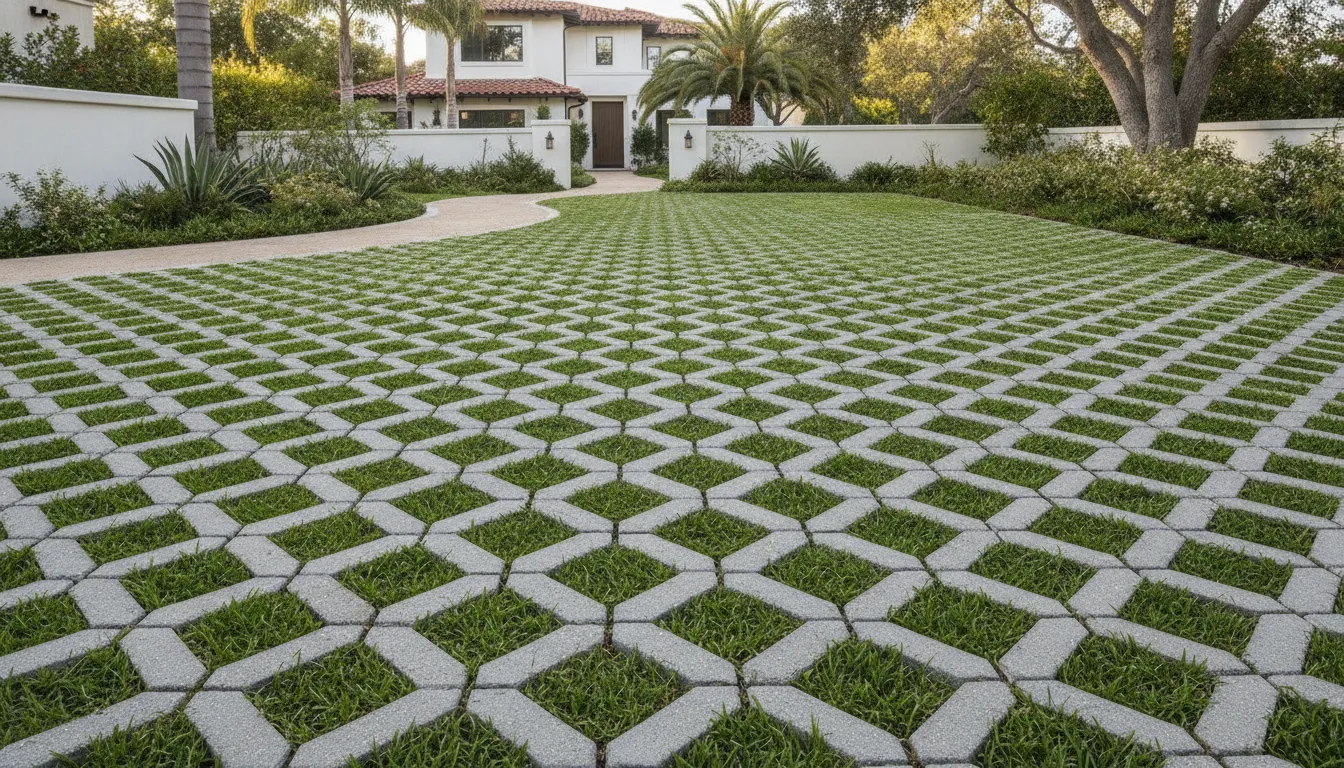 Close-up of an open-cell grass paver grid with turf growing through the cells