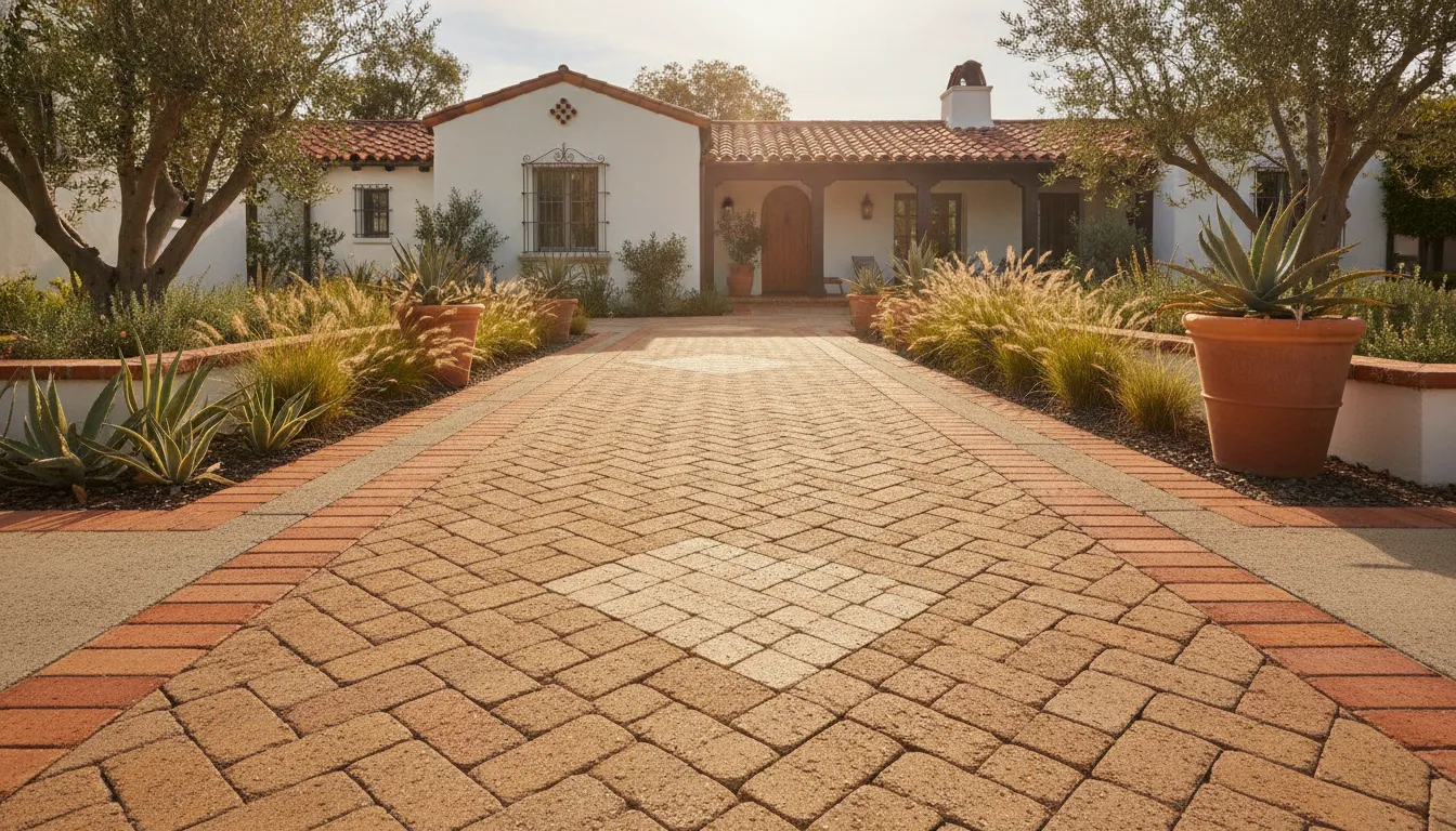 Herringbone paver pattern walkway with soldier course border leading to a Spanish-style Orange County home