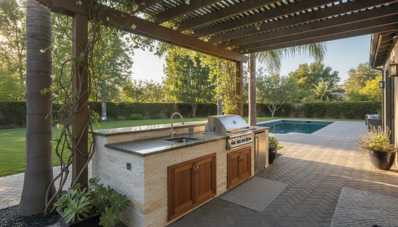 Compact covered outdoor kitchen with a straight grill island on a paver patio
