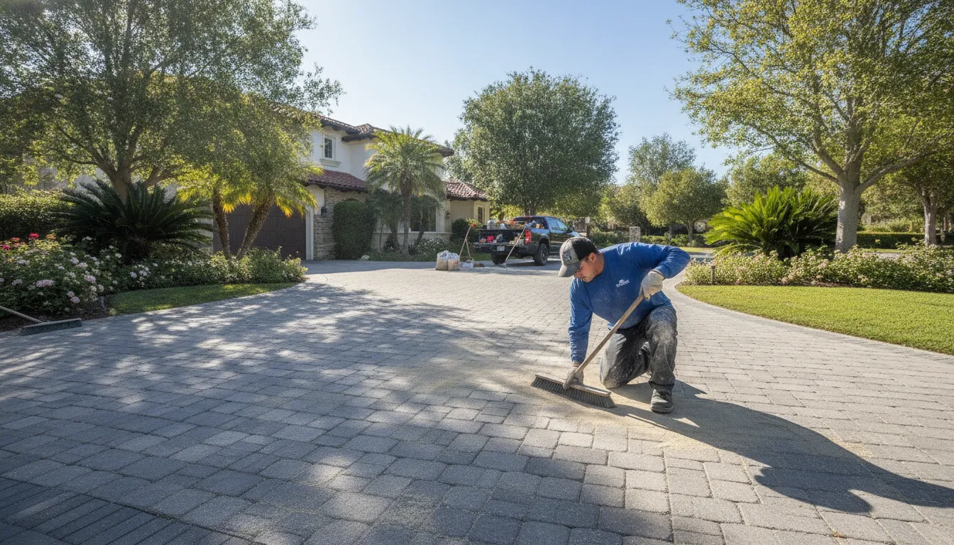 Professional paver maintenance with polymeric sand being swept into paver joints on an Orange County driveway