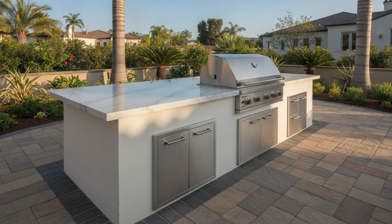Premium outdoor kitchen counter, built-in grill, and paver craftsmanship in Orange County