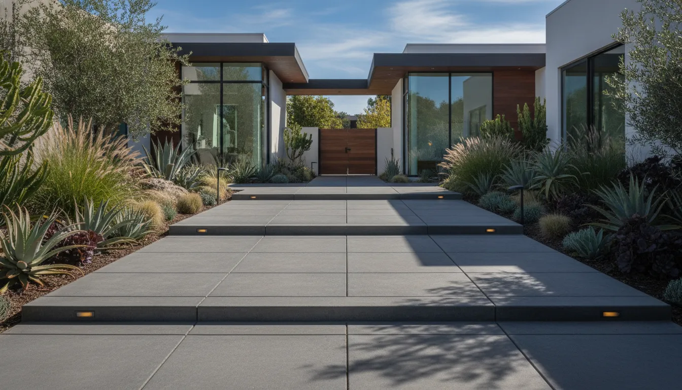 Modern large-format concrete paver entry walkway at a contemporary Orange County home with clean lines
