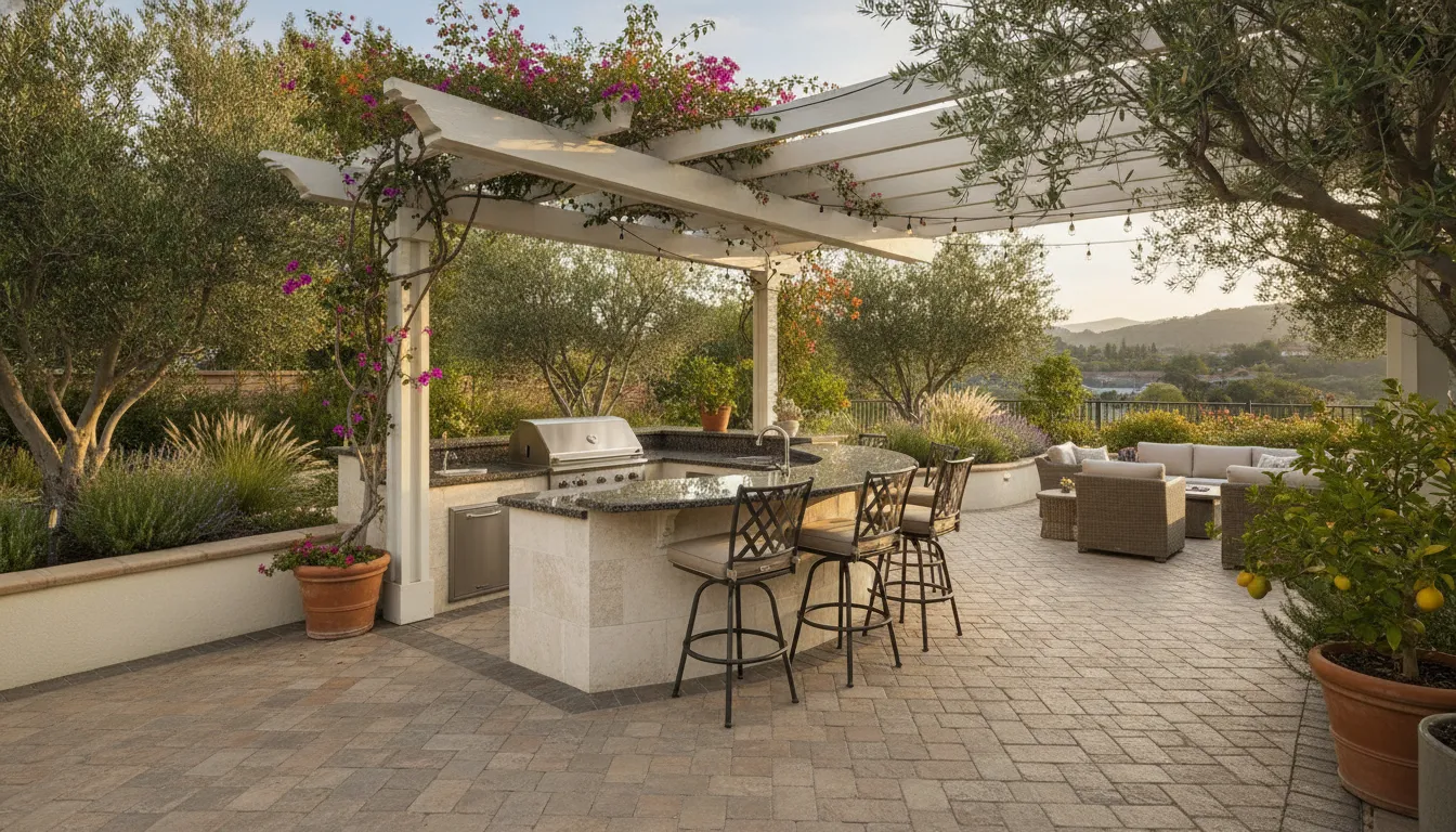 Elegant outdoor kitchen with paver patio base and covered pergola in Orange County backyard