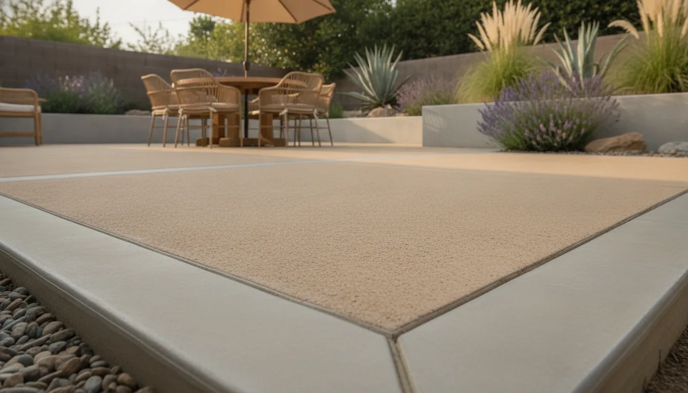 Decorative concrete patio with outdoor dining and landscape planting