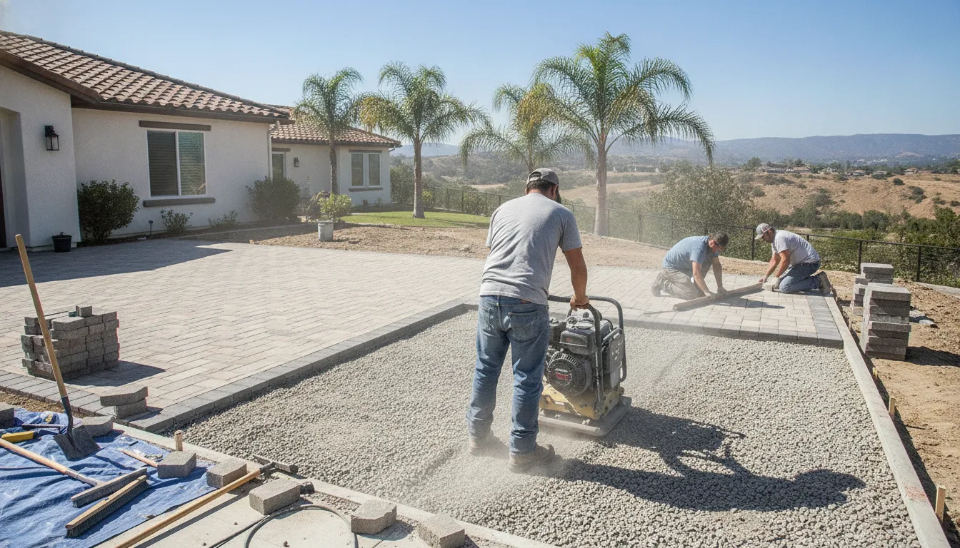 Crew preparing a compacted base for a Yorba Linda paver patio