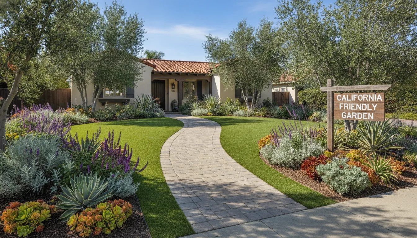Drought tolerant front yard in Orange County with paver pathway through synthetic turf and native landscaping