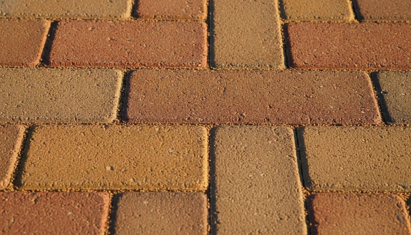 Close-up of interlocking concrete pavers in herringbone pattern with warm earth tones