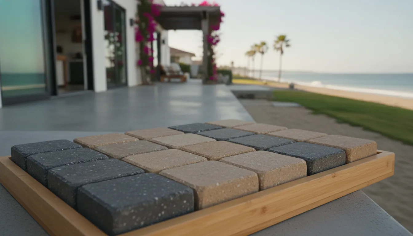 Gray sand and taupe paver color samples for a house