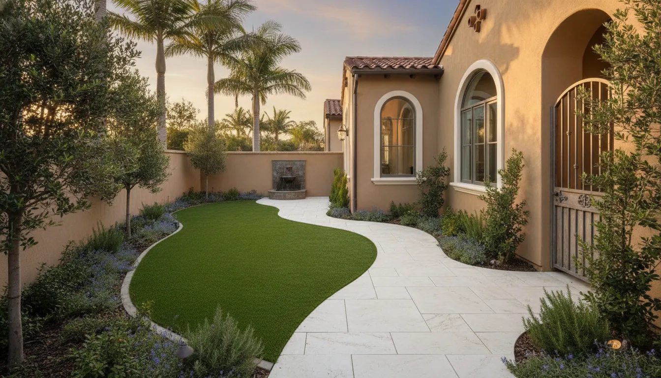 Orange County side yard combining synthetic grass and pavers