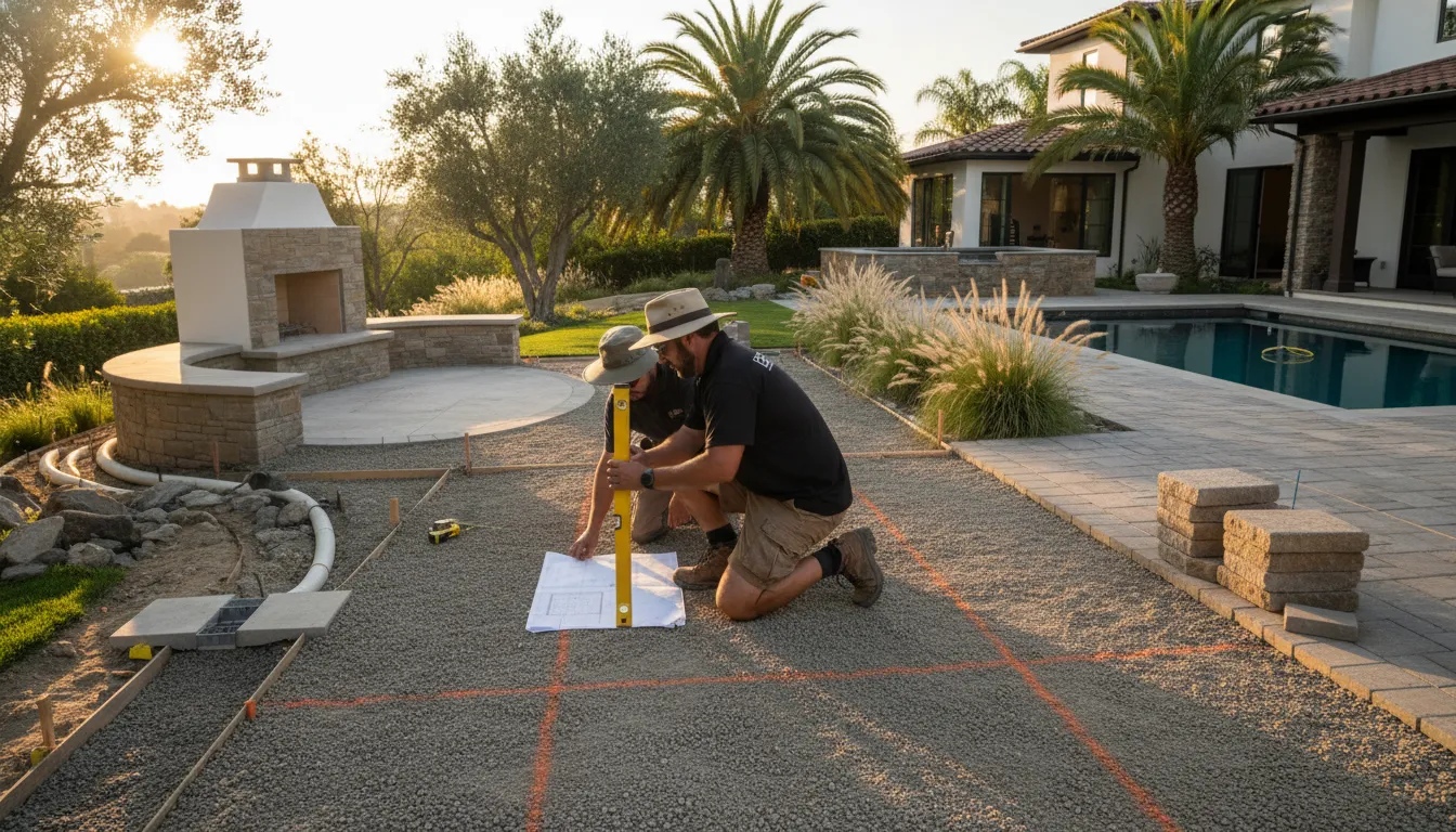 Pacific Pavers contractor reviewing patio drainage grades before paver installation