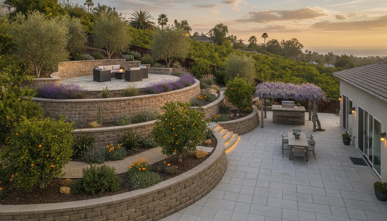 Tiered paver retaining wall creating multiple usable terraced levels on a steep Orange County sloped backyard
