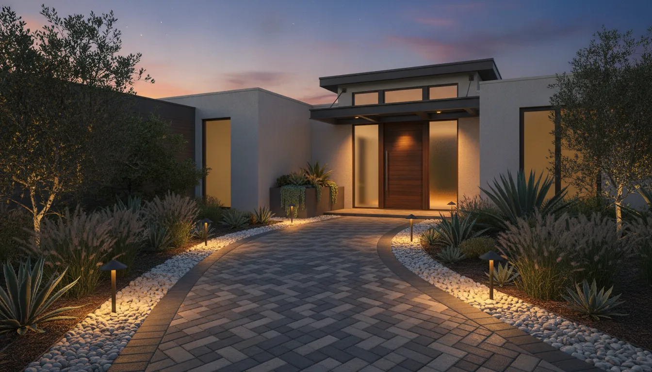 Curved herringbone paver walkway leading to a modern Orange County home with landscape lighting at dusk