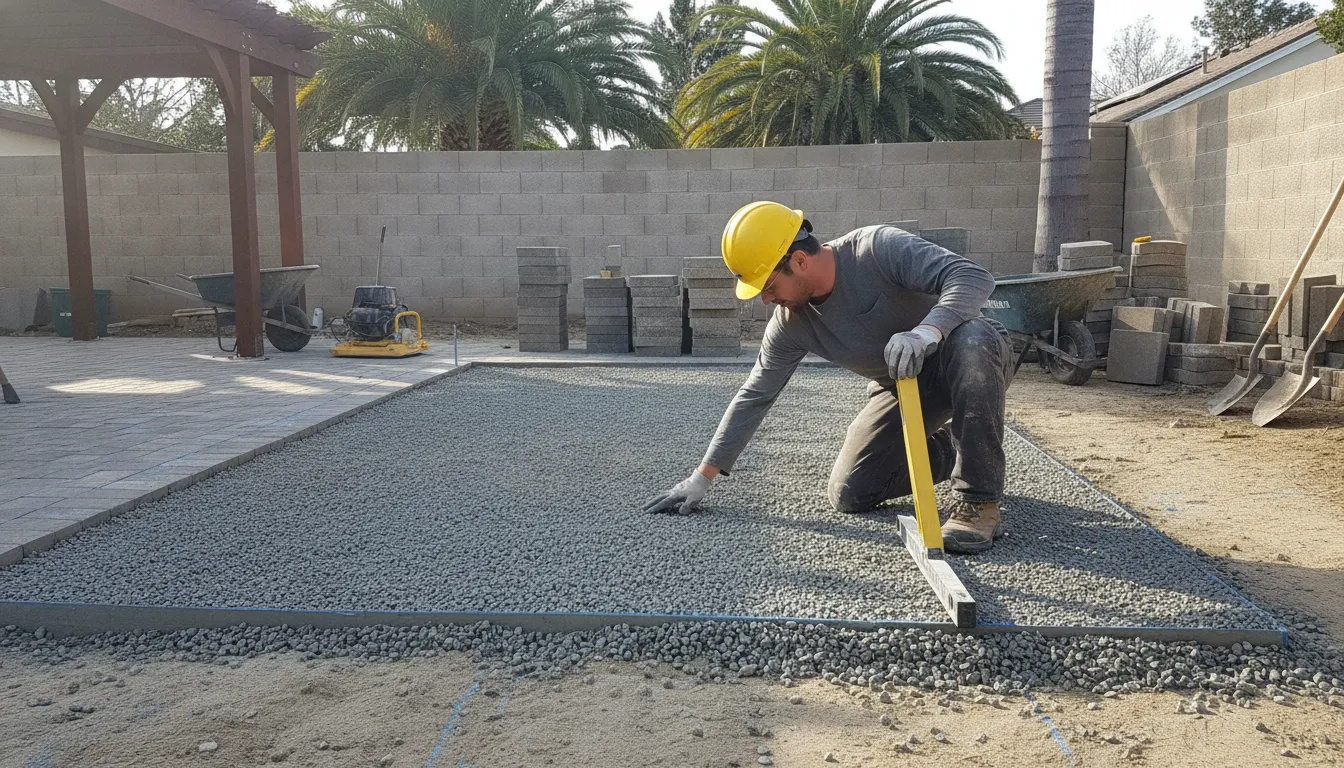 A paver contractor inspecting the compacted crushed stone base layer during an interlocking paver installation in Orange County