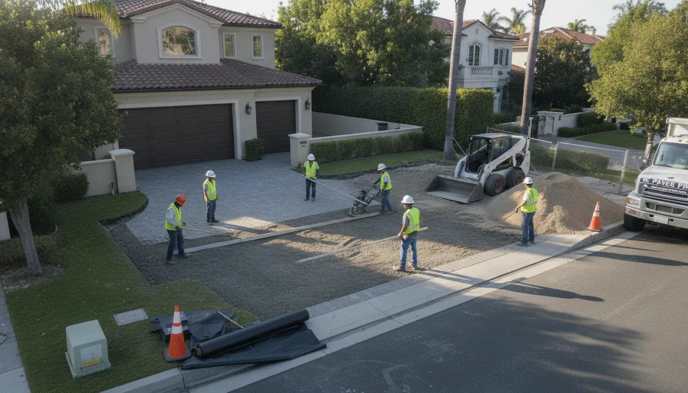 Excavation and base preparation for a paver driveway in Orange County showing crushed stone layers and grading