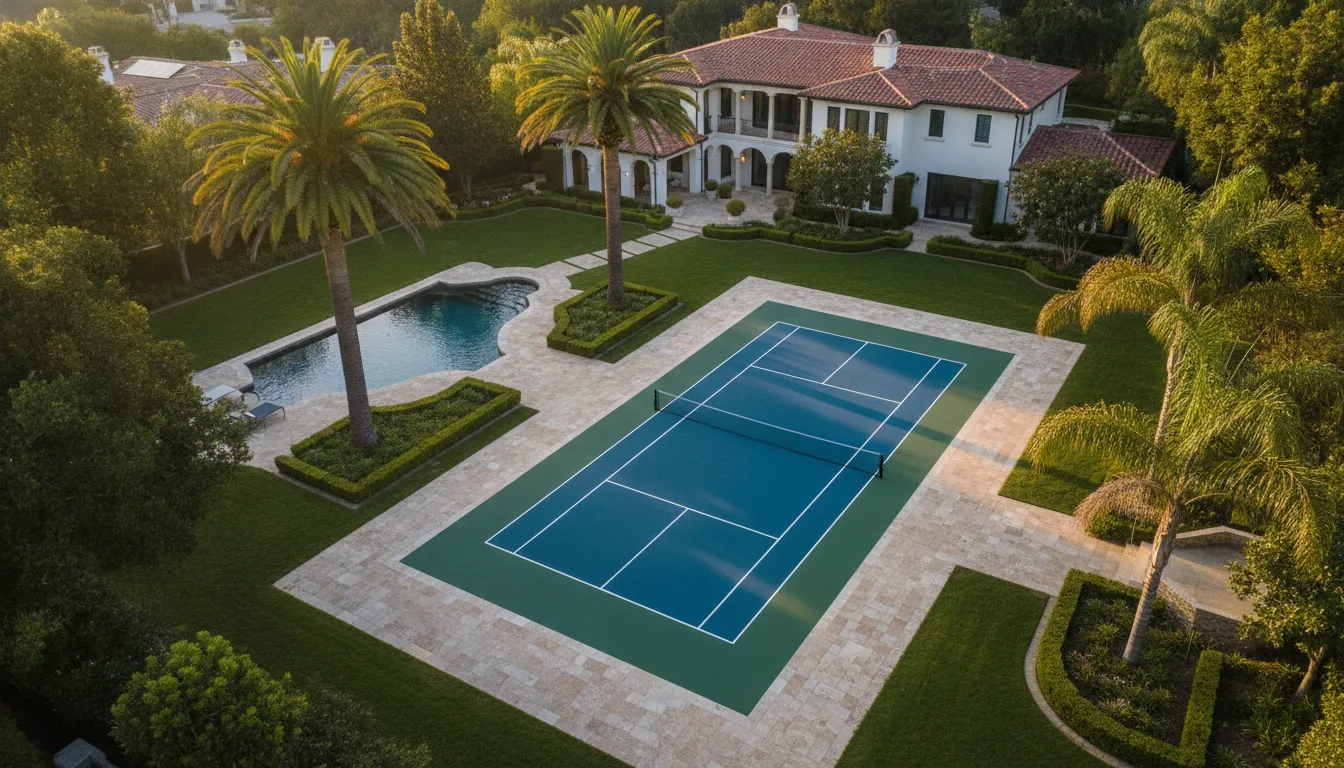 Aerial view of a premium backyard pickleball court with acrylic surface and paver borders at an Orange County estate